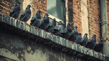 Flock of Pigeons Roosting on Urban Building Ledge Nuisance and Mess of City Wildlife © Thares2020