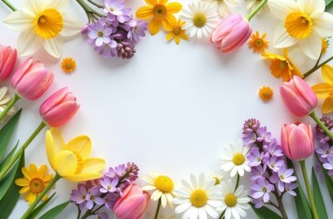 8-march decorations concept. Top view vertical photo of yellow pink white tulips and sprinkles on isolated pastel pink background with empty space in the middle