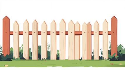 Fototapeta premium A wooden picket fence stands perfectly aligned, surrounded by lush green grass, creating a charming, inviting atmosphere.