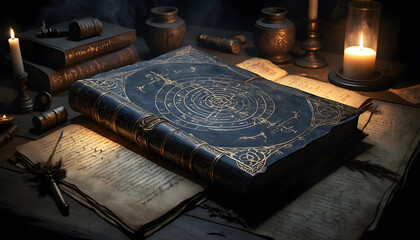  The book of Enoch Close-Up of Antique Astronomical Book on Table with Aged Parchments and Mystical Lighting