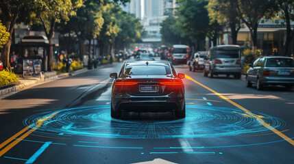 Automatic driving technology, Vehicle tracking system. Innovative car technology. Blue sensor.