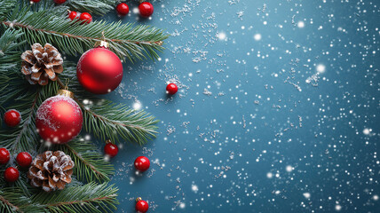 Christmas banner featuring evergreen branches with red decorations and snow on a blue background