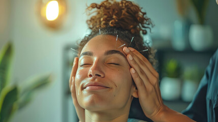 A woman enjoying a relaxing acupuncture treatment in a serene environment.
