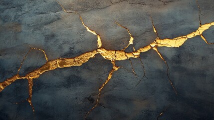 Abstract textured wall featuring a striking gold crack against a dark surface, creating a visually captivating contrast.