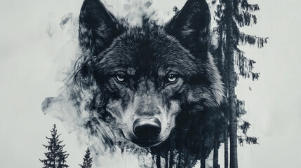 Majestic wolf portrait blending with forest elements in monochrome style, symbolizing wilderness and strength