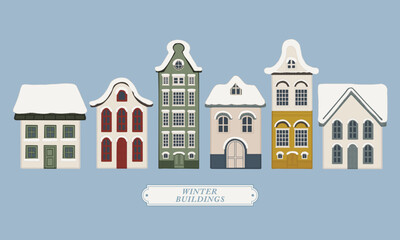 Fototapeta premium Europe Dutch style building and houses facade in winter hand drawn illustration collection elements. For decoration, concept proposal, design, postcard, banner, social media