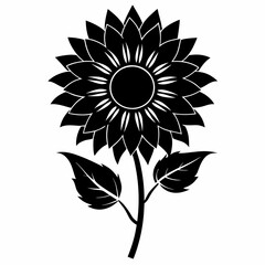 Black Silhouette Sunflower Illustration with Leaves and Buds, sunflower vector illustration with white background