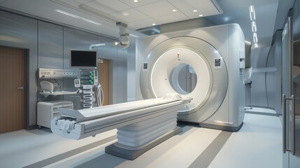 Advanced medical imaging room featuring a modern CT scanner and healthcare equipment.