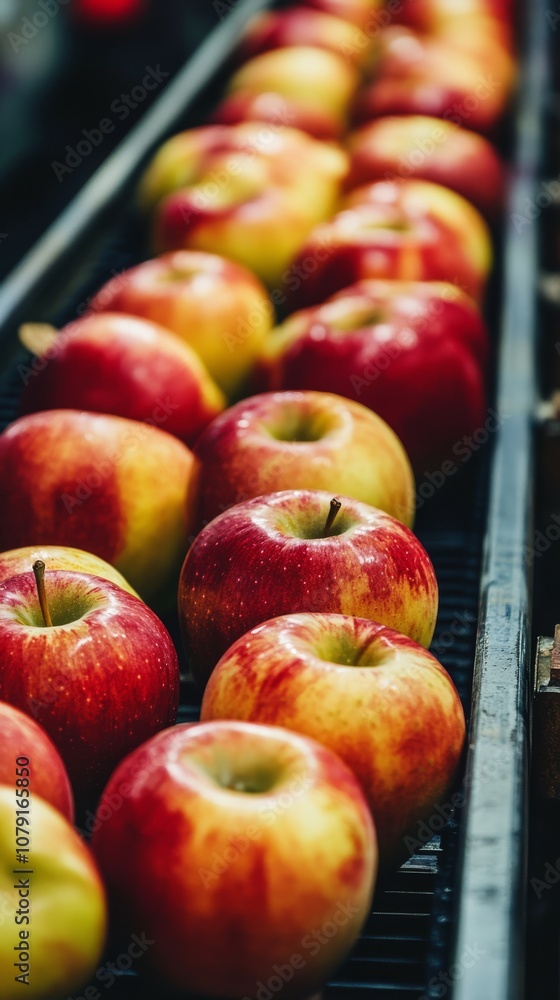 Poster in a highly efficient conveyor belt setup within an apple processing facility, you can see ripe, shi