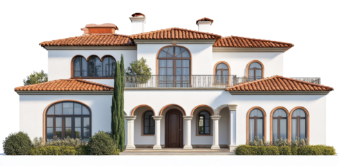 Luxurious Mediterranean style villa with arched windows and terracotta roof, isolated on white background
