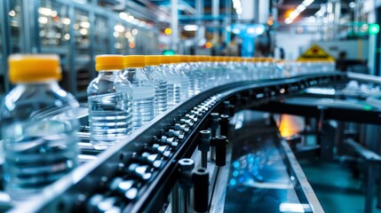 Automated bottling production line in a modern beverage factory.