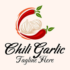 hot sauce logo design. chili and garlic, for spices sauce label, spicy food.