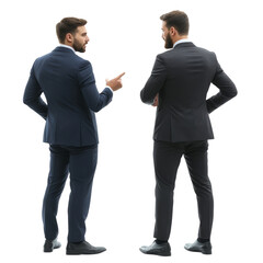 Full body back view of two businessmen discussing something, isolated on white background