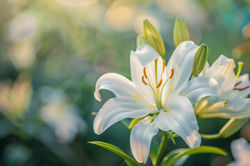 Fototapeta premium Close up of white lily flowers blooming in a garden.