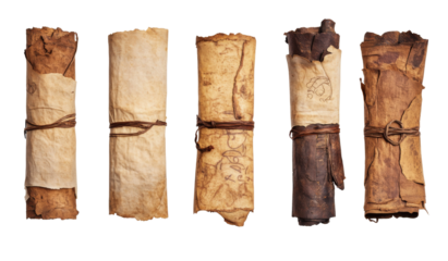Set of ancient parchment scrolls, isolated on white background