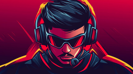  A stylized portrait of a male gamer wearing a headset and sunglasses, depicted with bold, neon colors on a vibrant background.