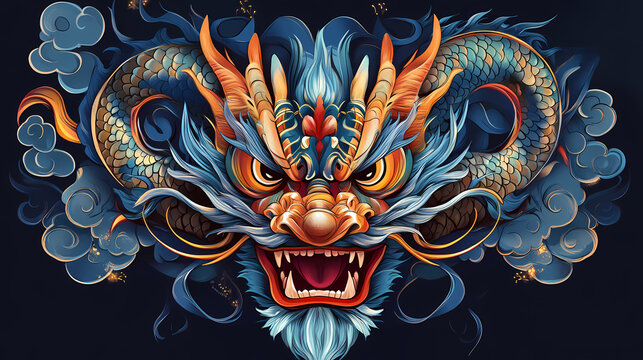 Vibrant fantasy dragon mask in neotraditional style, showcasing intricate details and bold colors. fierce expression and dynamic design evoke sense of power and mystique. Mystique. Illustration