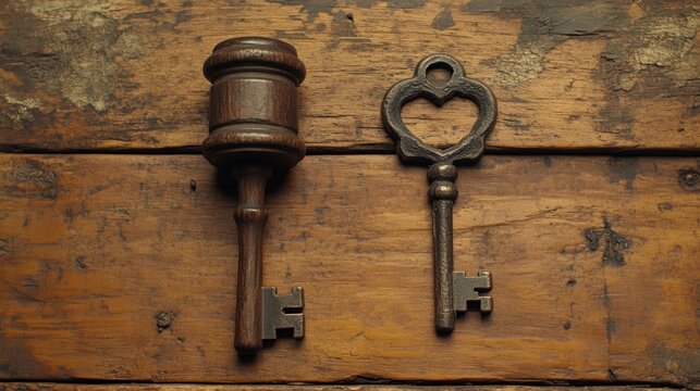 Antique key with heart shaped hole and a wooden gavel on a wooden table.