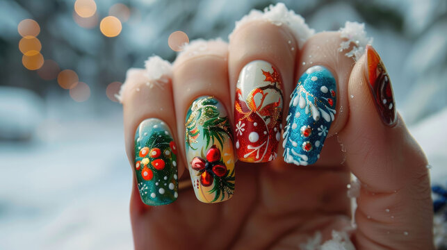 Colorful winter-themed nail art design on a hand in a snowy environment.