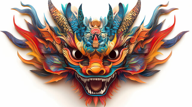 Vibrant fantasy dragon mask in neotraditional style, showcasing intricate details and bold colors. fierce expression and dynamic design evoke sense of power and mystique. Mystique. Illustration