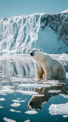 Alone polar bear is standing on ice with snow of a melting glacier. Wildlife nature. Effects of climate change. Global warming. Environmental disaster. Blurred background. Vertical photo.