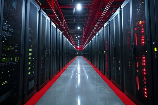 Rows of black server racks line a long hallway with red trim and a shiny grey floor.