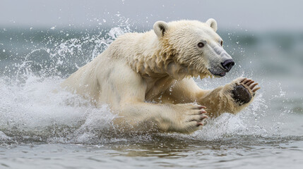 Polar bear is jumping from water with raised paws. Close-up of wet fur and lot of splashes from the water. Wildlife action shot. Northern landscape with blurred background.