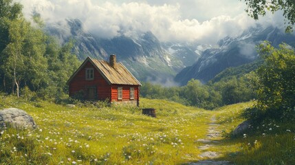 Red Cabin nestled in a Meadow with Mountainous Backdrop