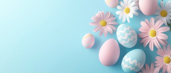 Pastel Easter eggs and daisies on blue