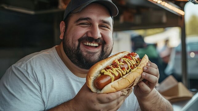 Overweight Man Savors Tasty Hot Dog from Street Food Truck with Delight and Contentment