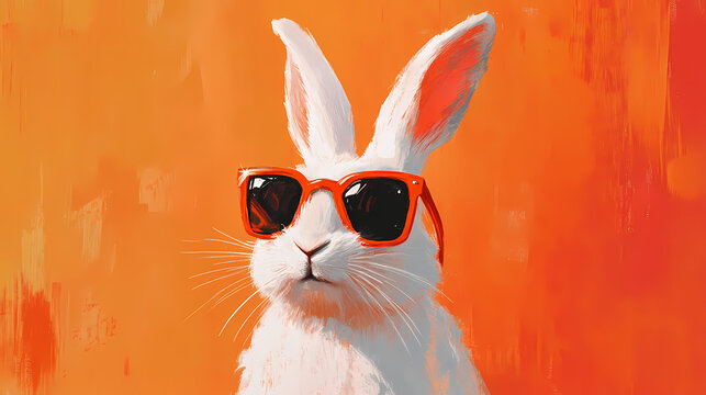 White rabbit donning trendy orange sunglasses on vibrant orange backdrop exudes charisma and style. Mystique. Illustration