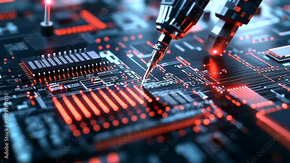 Poster a detailed shot of precision machinery aligning microchips during the assembly process, with robotic