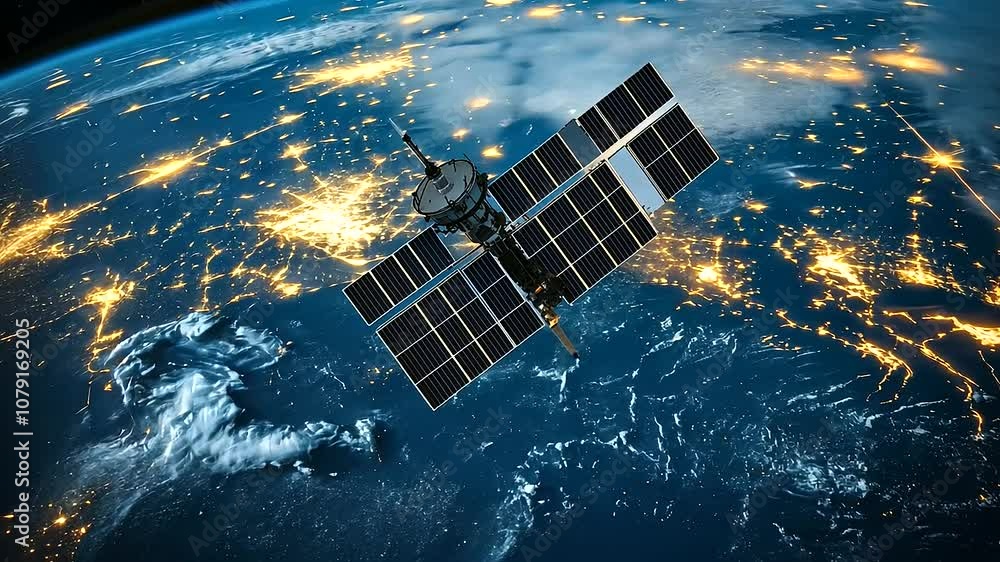 Aufkleber a satellite orbits earth, its solar panels gleaming as it transmits signals to a web of glowing line