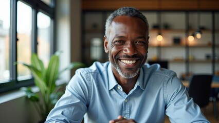Obraz premium A man with a warm smile sits at a desk in a well-lit indoor space filled with plants. He appears relaxed and engaged, enjoying a bright day