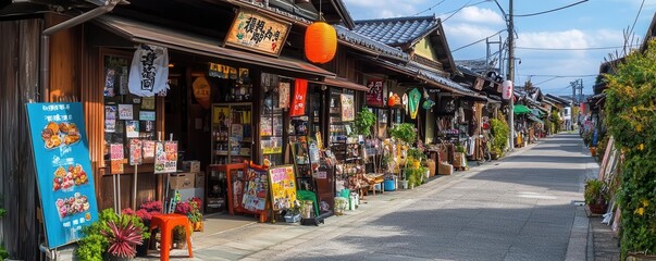 A peaceful street in Japan with small shops displaying signs of gratitude for their employees, decorated for Labour Thanksgiving Day, community spirit