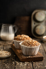 Home Baked Superfood Muffins With Oats, Seeds, Banana, Honey and nut milk. Healthy food and health life