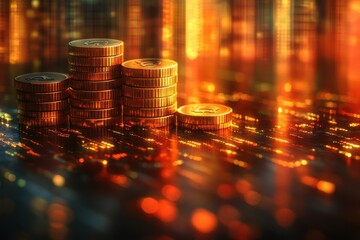 Stacks of golden coins reflecting light on a digital background with binary code at night