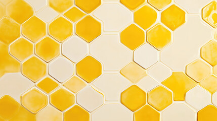 Repeating hexagon honeycomb wallpaper in warm yellow and white, creating a simple yet playful design for a cheerful, modern atmosphere.