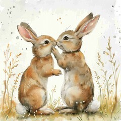Fototapeta premium Two adorable rabbits sharing a gentle moment in a serene grassland setting.