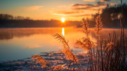 Naklejka premium Serene Sunrise on New Year s Day Reflecting on a Tranquil Lake with Promise of Fresh Beginnings