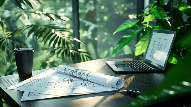 An architect's desk, with blueprints laid out and surrounded by green foliage, symbolizes the balance between innovative building practices and respect for the natural world.