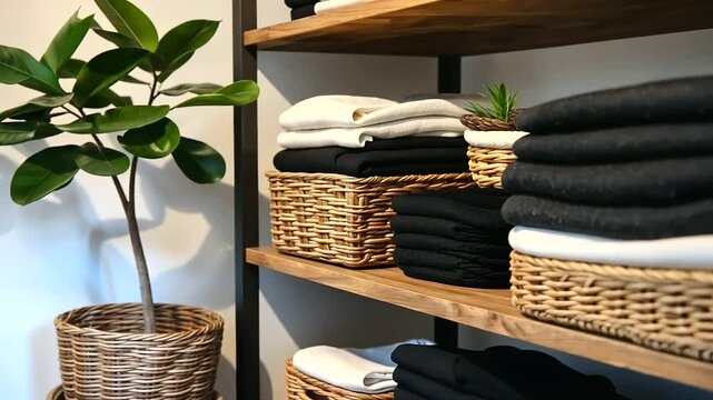 An organized closet with rows of folded clothing, woven baskets for storage, and a potted plant on a high shelf, symbolizing simplicity, order, and a connection to nature.