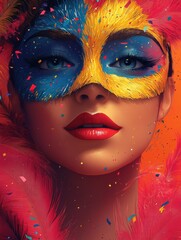Obraz premium Abstract carnival-themed face illustration with feathers and musical notes, AI generated