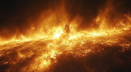 Fototapeta premium A fiery, abstract celestial landscape with a glowing orange and yellow nebula.