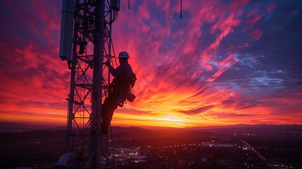 A lone worker climbs a cell tower against a vibrant sunset.