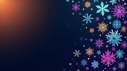 dark gradient winter background with snowflakes of different sizes on the right side, on the left side of the background there is space for text