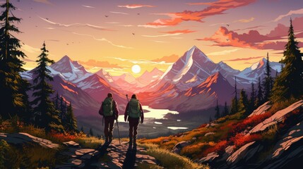 Two hikers explore a breathtaking mountain landscape at sunset.