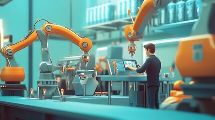 A man in a factory setting operates a robotic arm, looking at a computer screen.