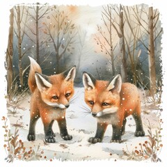Obraz premium Two playful foxes exploring a snowy forest, surrounded by trees and a serene winter landscape.