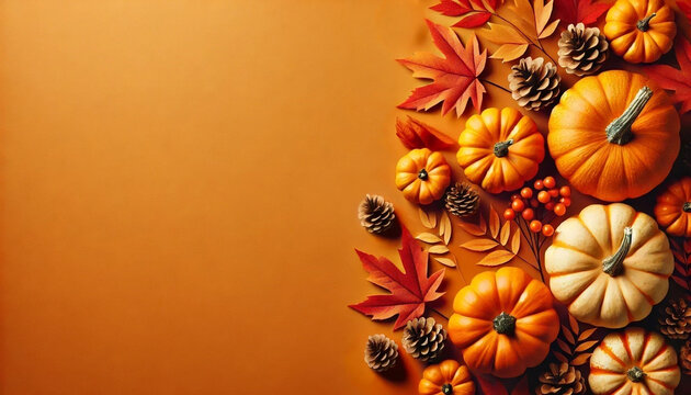 Orange thanksgiving fall background with leaves and pumpkins. Thanksgiving banner image with copy space.